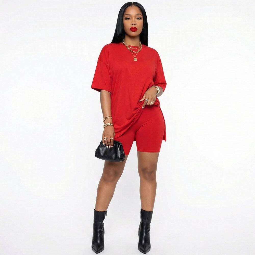Red 2-Piece Biker Short Set | Oversized Tee + Shorts | Plus Size 1X | Streetwear